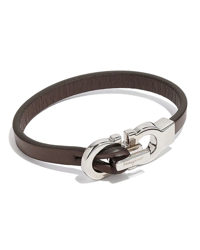 Shop Ferragamo Men's Leather Gancini Bracelet In Brown