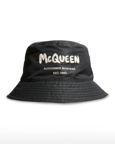 Shop Alexander Mcqueen Men's Graffiti Logo Nylon Bucket Hat In Blackbone