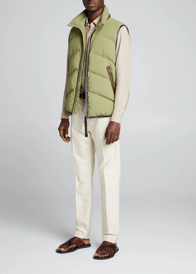 Shop Tom Ford Men's Padded Parachute Vest W/ Leather Details In Md Grn Sld