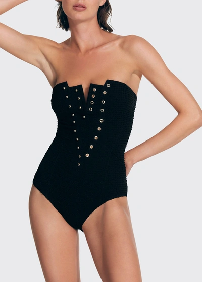 Shop Moeva Lori Seersucker Grommet One-piece Swimsuit In Seersucker Black