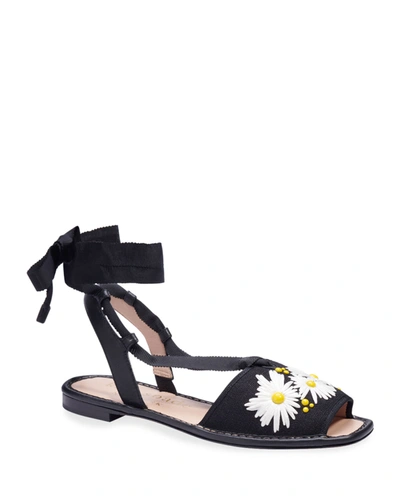 Shop Kate Spade Michaela Embroidered Flower Ankle-wrap Flat Sandals In Black