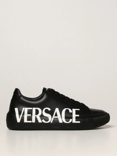 Shop Versace Sneakers  Greek Leather Sneakers With Logo In Black