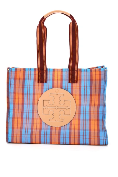 Shop Tory Burch Ella Logo Patched Checked Tote Bag In Multi