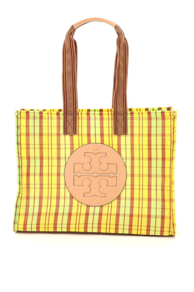 Shop Tory Burch Ella Logo Patched Checked Tote Bag In Multi