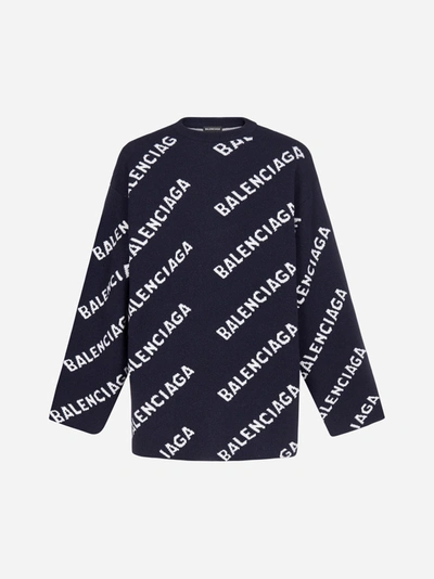 Shop Balenciaga All-over Logo Oversized Wool Sweater In Navy - White