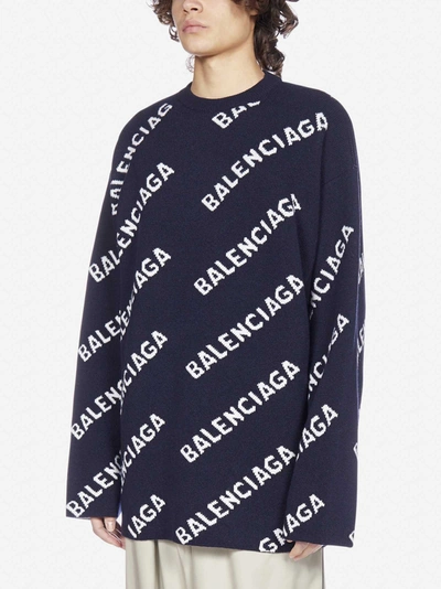 Shop Balenciaga All-over Logo Oversized Wool Sweater In Navy - White