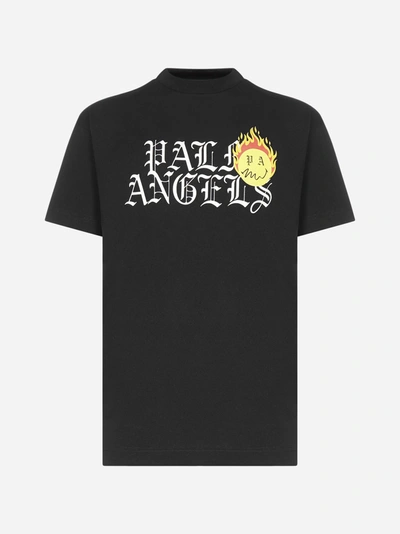 Shop Palm Angels Burning Head Cotton T-shirt In Black-  Yellow