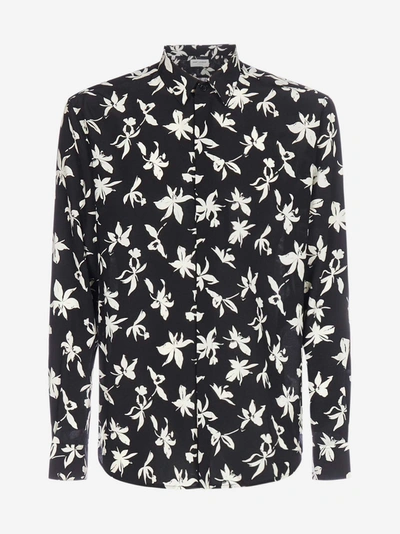 Shop Saint Laurent Floral Print Silk Shirt In Black - White