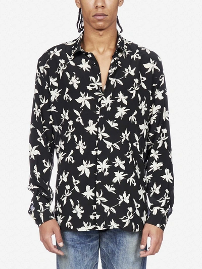 Shop Saint Laurent Floral Print Silk Shirt In Black - White