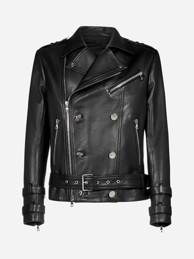 Shop Balmain Biker-style Leather Jacket