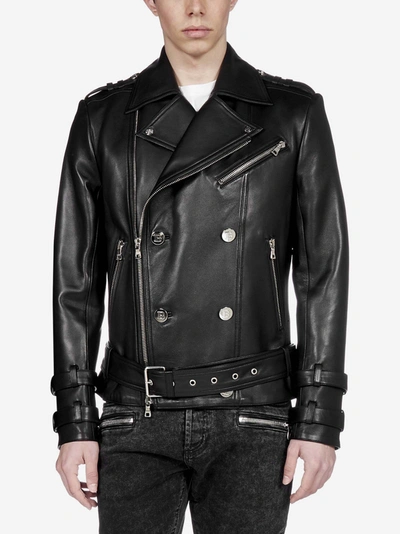 Shop Balmain Biker-style Leather Jacket