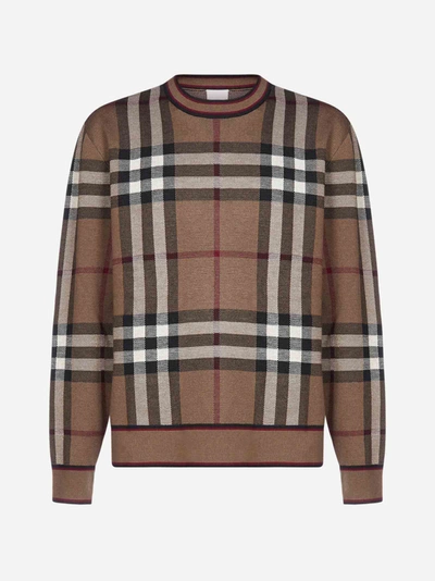 Shop Burberry Check Motif Merino Wool Sweater In Brown