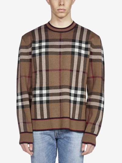 Shop Burberry Check Motif Merino Wool Sweater In Brown