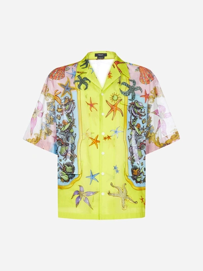 Shop Versace Tresor De La Mer Print Cotton Shirt In Yellow - Multicolor