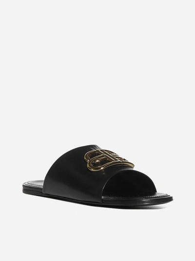 Shop Balenciaga Bb Logo Leather Slides In Black - Gold