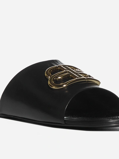 Shop Balenciaga Bb Logo Leather Slides In Black - Gold