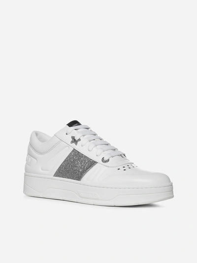 Shop Jimmy Choo Hawaii Leather Sneakers In White - Silver