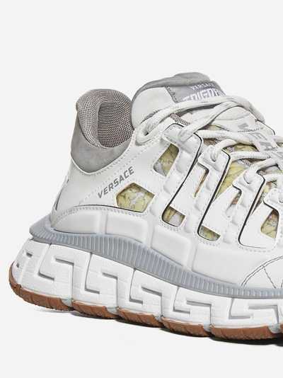 Shop Versace Trigreca Barocco-print Nylon And Leather Sneakers In White - Grey - Gold