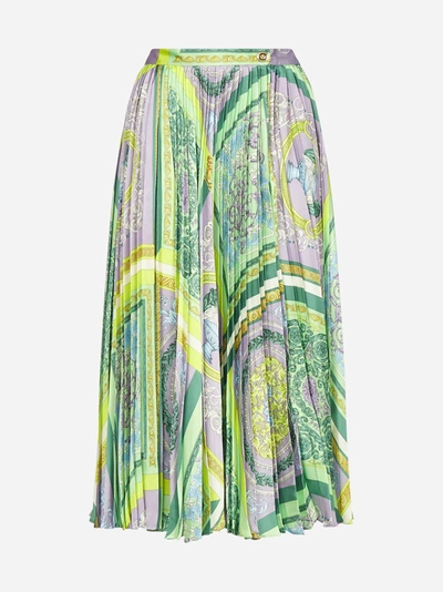 Shop Versace Barocco Print Pleated Midi Skirt In Lilac - Teal