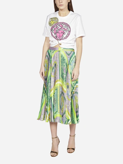 Shop Versace Barocco Print Pleated Midi Skirt In Lilac - Teal