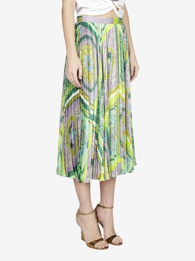 Shop Versace Barocco Print Pleated Midi Skirt In Lilac - Teal