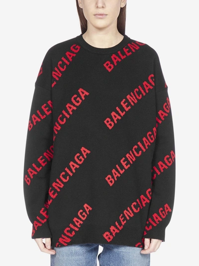 Shop Balenciaga All-over Logo Cotton And Wool Sweater