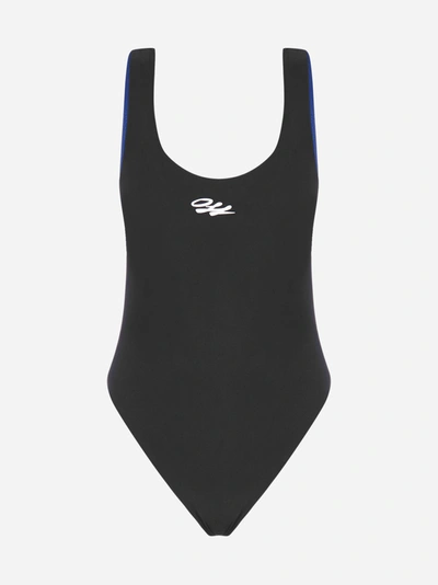 Shop Off-white Logo-tape Swimsuit In Black - White