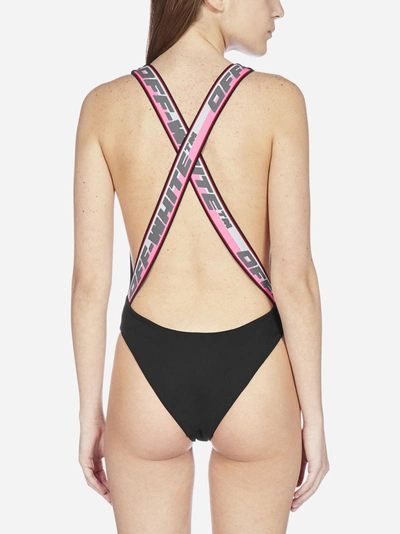 Shop Off-white Logo-tape Swimsuit In Black - White