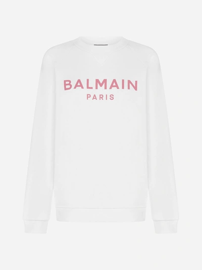 Shop Balmain Logo Cotton Sweatshirt In White - Pink