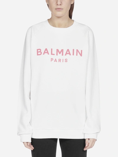 Shop Balmain Logo Cotton Sweatshirt In White - Pink