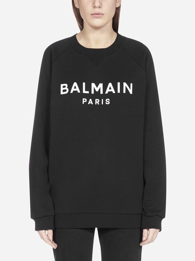 Shop Balmain Logo Cotton Sweatshirt In Black - White
