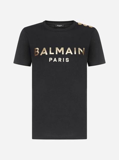 Shop Balmain Logo Cotton T-shirt In Black - Gold