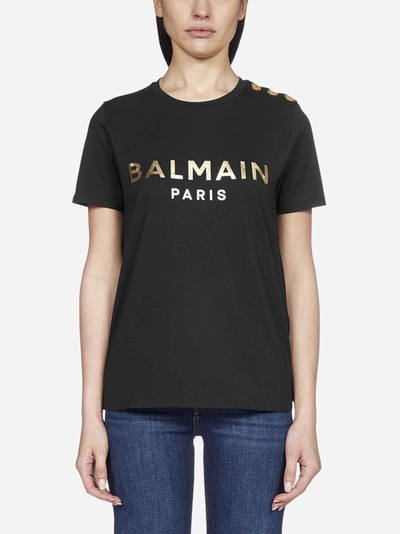 Shop Balmain Logo Cotton T-shirt In Black - Gold