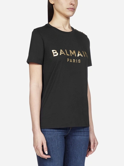 Shop Balmain Logo Cotton T-shirt In Black - Gold