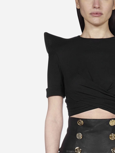 Shop Balmain Padded Shoulder Knit Crop Top