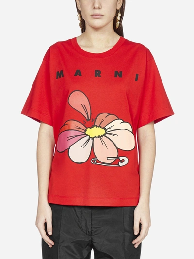 Shop Marni Flower And Logo Print Cotton T-shirt