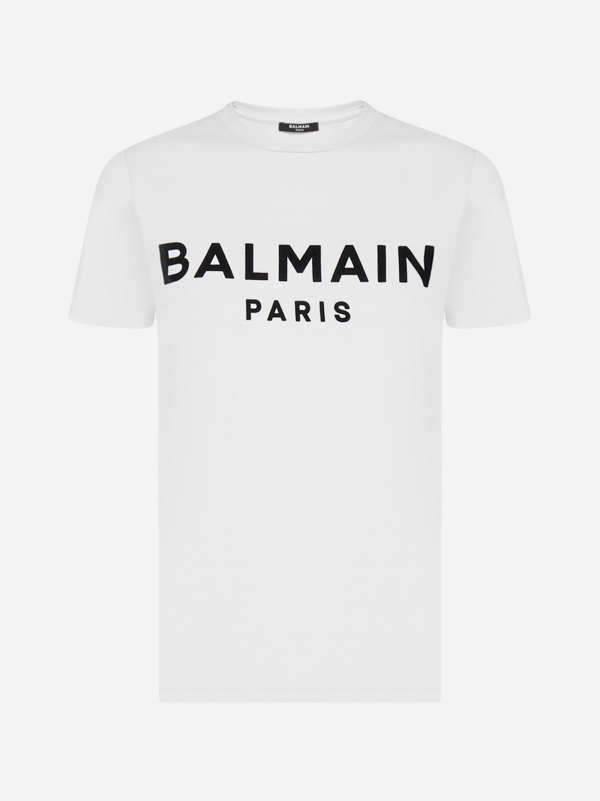 Balmain Flocked Logo Eco-cotton T-shirt In White | ModeSens
