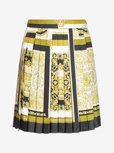 Shop Versace Barocco Print Pleated Silk Skirt In White - Gold - Khaki