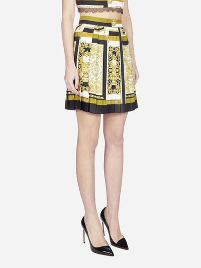 Shop Versace Barocco Print Pleated Silk Skirt In White - Gold - Khaki