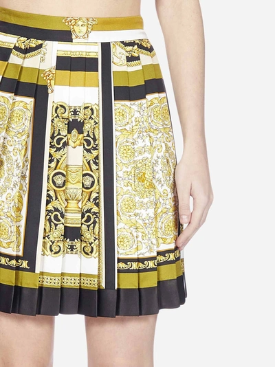 Shop Versace Barocco Print Pleated Silk Skirt In White - Gold - Khaki