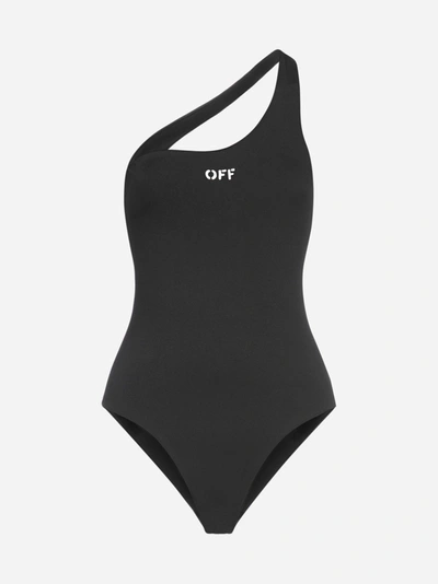 Shop Off-white Logo One-shoulder Swimsuit In Black