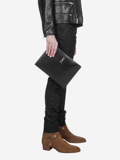 Shop Saint Laurent Monogram Leather Tablet Holder