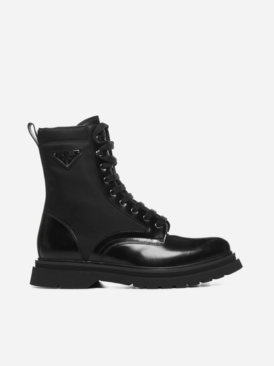 Prada Logo-plaque Lace-up Leather & Nylon Boots In Black | ModeSens
