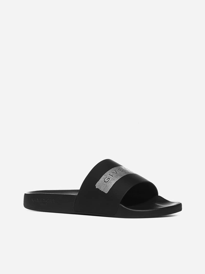 Shop Givenchy Logo Rubber Slides In Black - Silver