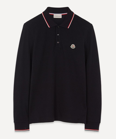 Shop Moncler Striped-trim Long-sleeve Polo Shirt In Navy