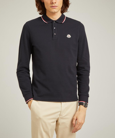 Shop Moncler Striped-trim Long-sleeve Polo Shirt In Navy