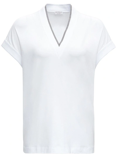 Shop Brunello Cucinelli Monile V-neck Cotton T-shirt In White