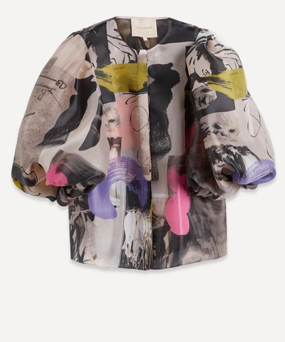 Shop Roksanda Mimi Print Organza Puff-sleeve Blouse In Pink