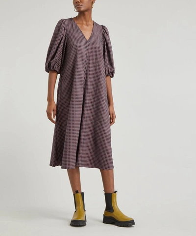 Shop Stine Goya Mavelin Check Puff-sleeve Midi-dress In Grid