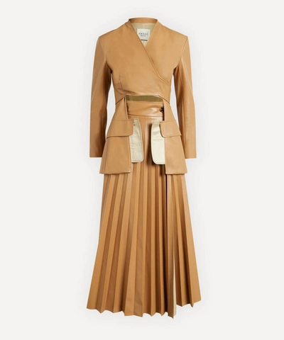 Shop A.w.a.k.e. Vegan Leather Maxi Pleated Coat In Beige